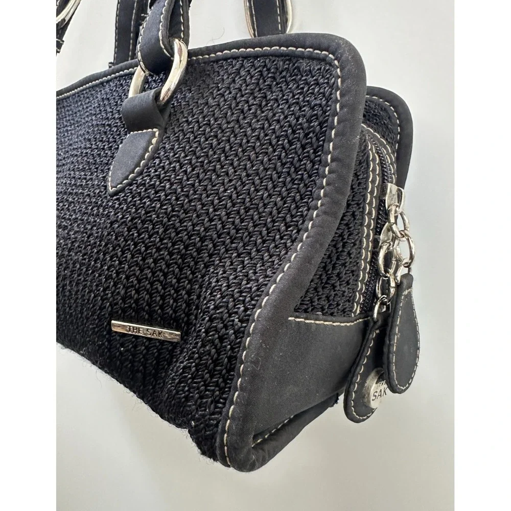 The Sak Black Crochet Shoulder Bag Silver Tone Hardware Woven Handbag Y2K Boho